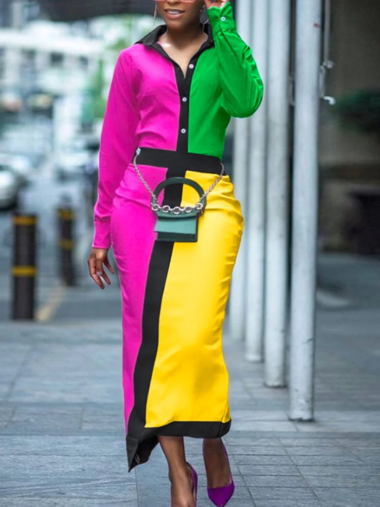 Women Sets Fall 2023 Chic Color Block Polo Shirt Blouse and 