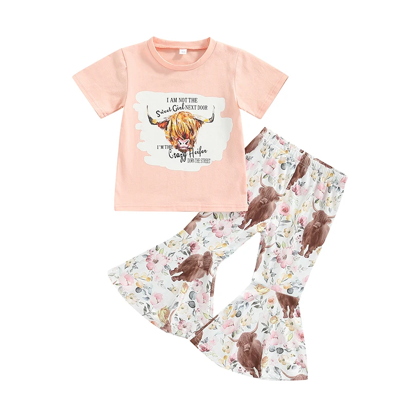 

1-6T Toddlers Girl’s T-shirt and Trousers Set Cartoon Cow Head Letter Print Short Sleeve Tops and Flared Pants