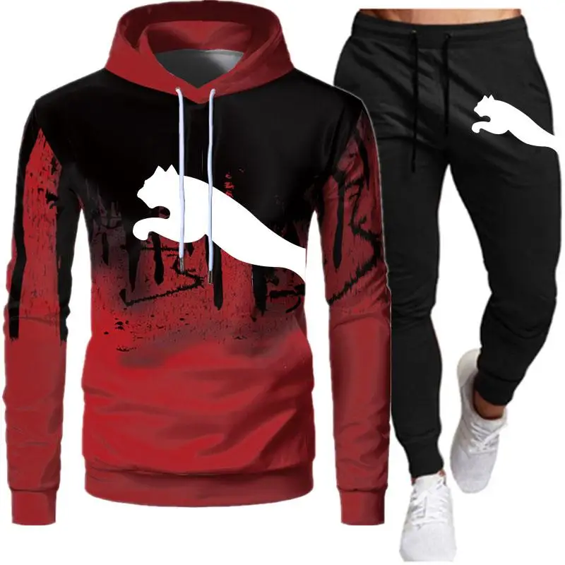 2023 Cool Men Splash Ink Hoodies Sweatshirt+Sweatpants Suit Autumn Winter Warm Tracksuit Sets Men's Fashion Hooded Outwear