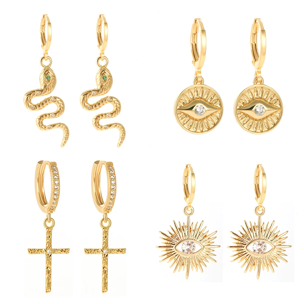 

Snake Drop Earrings for Women 2pcs Paired Gold Color Eye Cross Dangle Earrings Copper CZ Charm Korean Earrings Fashion Jewelry
