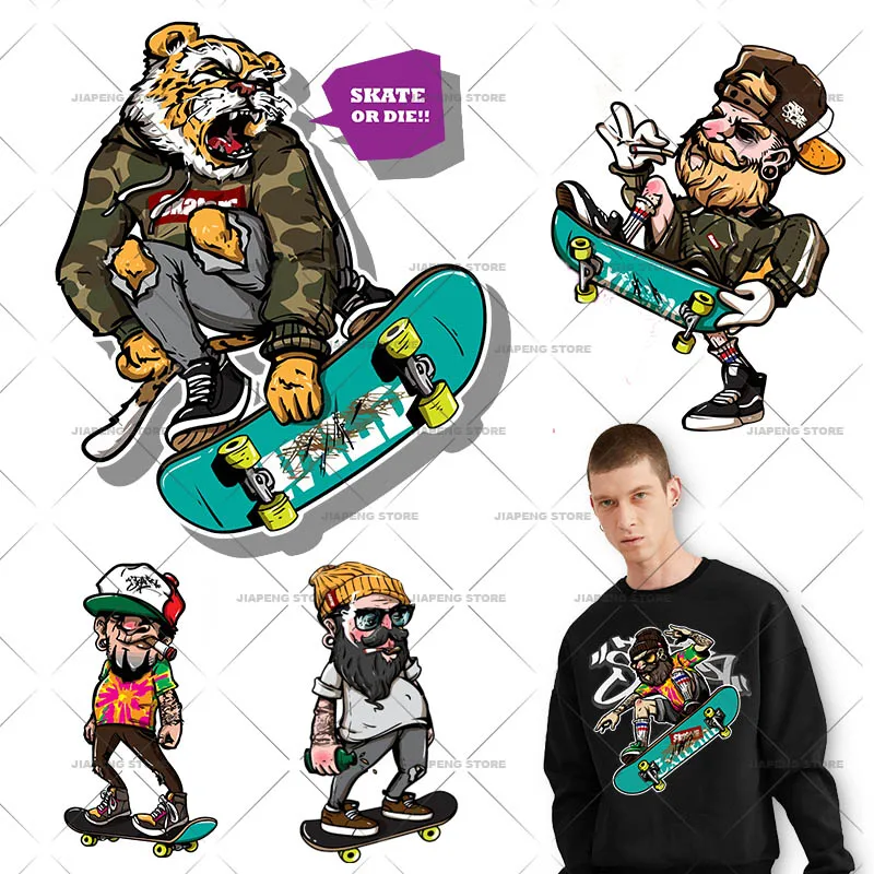 Skate Boy Iron on Transfers on Clothes Punk Skull Heat Patch Transfer Vinyl Sticker A-level Man Car Skateboard Stickers Washable