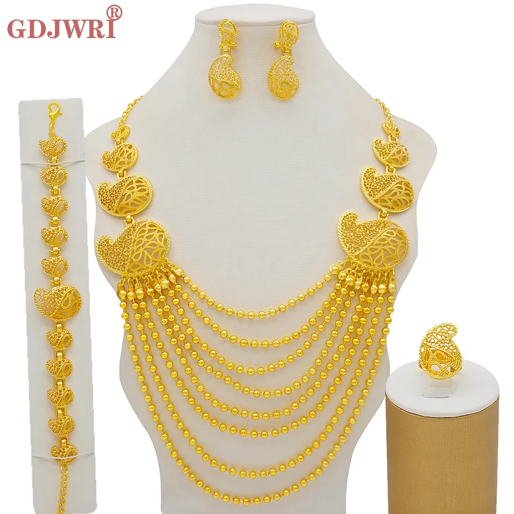 

2021Dubai Indian Arabic Gold Multilayer Necklace Jewelry Set Ethiopian Gold Color Nigerian Wedding African Beads Jewelry Sets