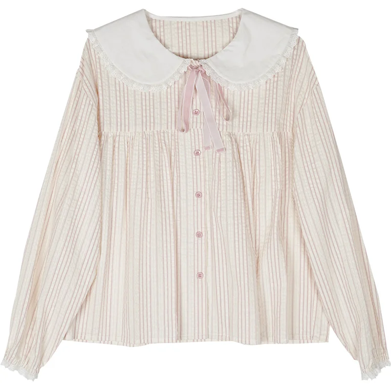 

Женские хлопковые рубашки с воротником «Питер Пэн», кружевная отделка с бантом, розовые полосатые свободные блузки для милых девушек, милые топы