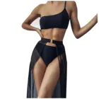 Купальный костюм женский из трех предметов, Пляжная накидка на одно плечо, однотонный комплект бикини, пляжная одежда, купальный костюм