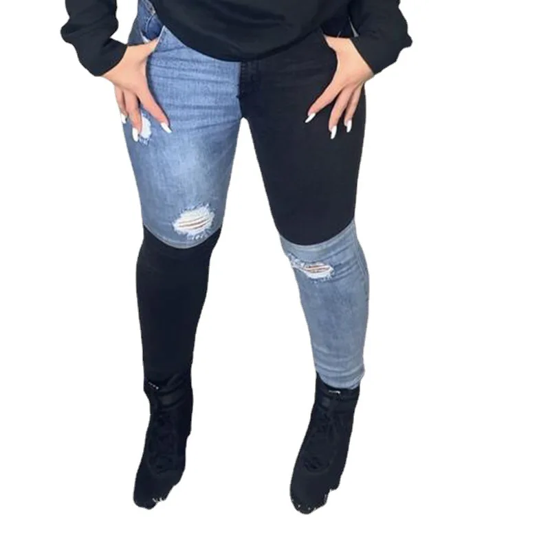 Women Fashion Stretch Denim Pencil Pants 2021 New Black Blue Contrast Color High Waist Jeans Street Trendy Ripped Trousers Pop