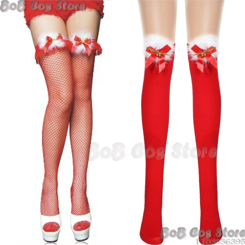 Красные рождественские сексуальные милые шелковые чулки с бантом сетчатые носки
