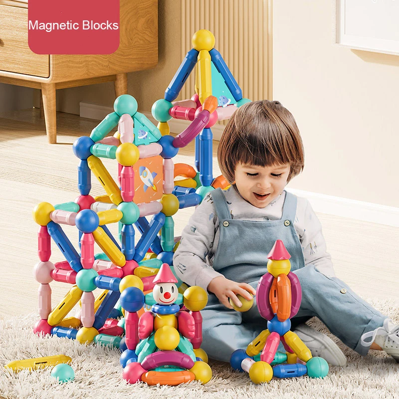 

Kids Magnetic Building Blocks Game Big Size Rods Construction Set Children Magnets Sticks And Balls Montessori Educational Toy