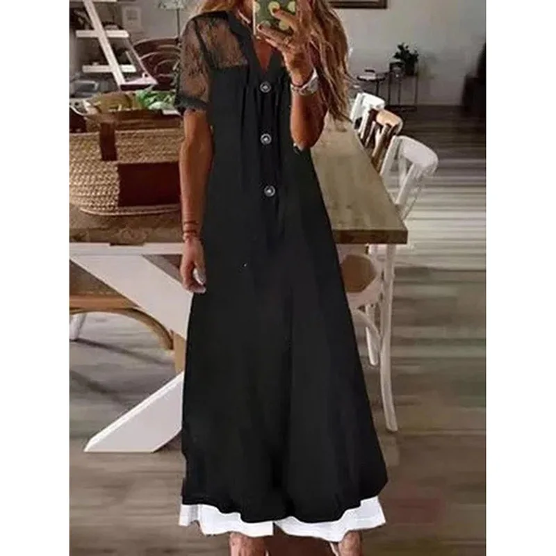 

Lace Summer Dress Woman Short Sleeve Solid Dresses for Women 2022 Casual Button Female Maxi Long Dress A-Line V-Neck Sundresses