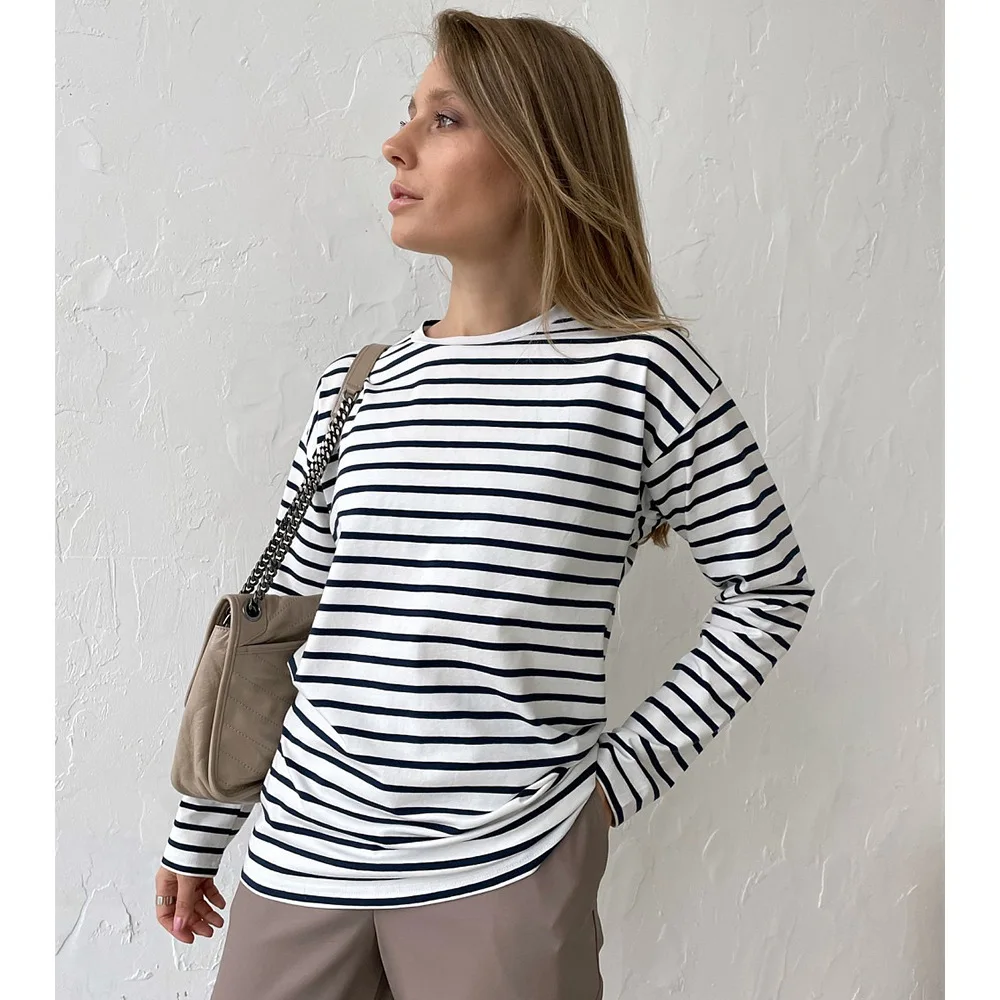 

2023 Summer Long Sleeve Striped T-Shirts Women Basic Casual Tops Female Cozy Loose Cotton Tees Harajuku T Shirt New