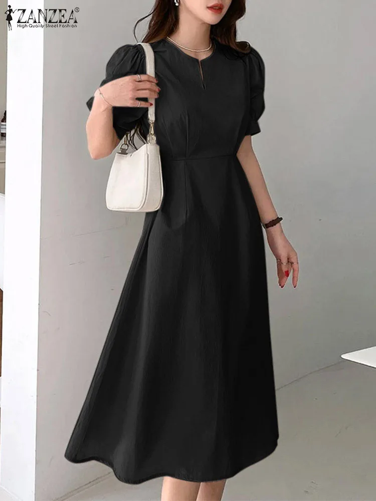 

ZANZEA Office Wear Short Puff Sleeve Midi Dress Women Fashion Korean Style Solid Color Party Dresses Elegant Cinched Waist Robes