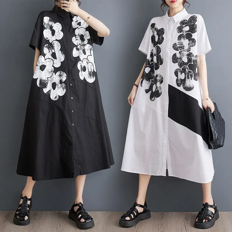 

Large Size Women's Printed Shirt Dress 2023 Summer Loose Casual Simple Commuting Short Sleeve Temperament Dress Slim Robe Z1515