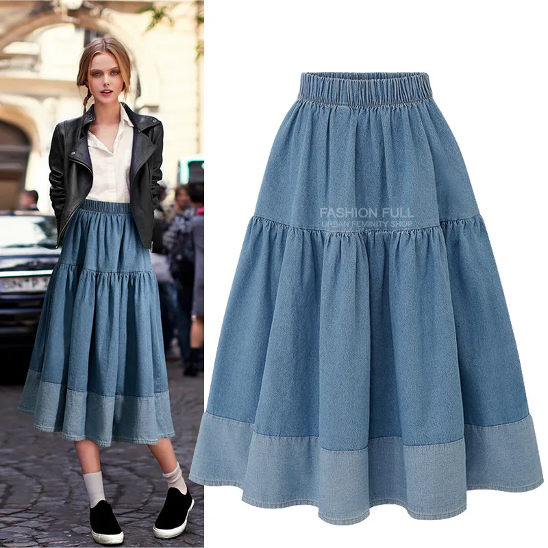 Stitching denim skirt women's elastic waist casual loose large skirt A- line skirt Korean style cake skirt