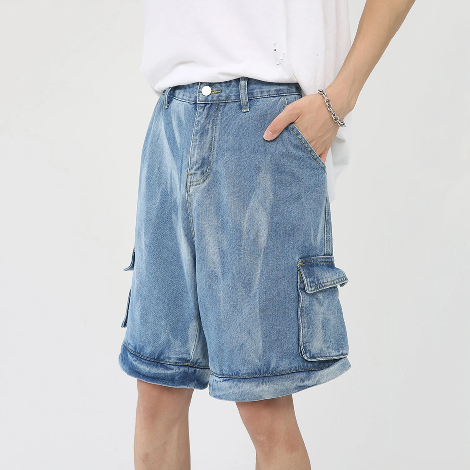 Jeans Men Four Seasons Detachable Hip Hop Loose Jeans Multi Pocket Tie Dye Washed Workwear Retro Loose Pants Ins Hot Sale JEANS