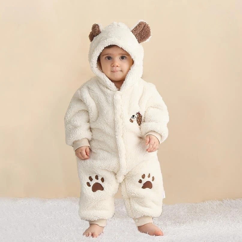 Осенне-зимний Новый комбинезон для маленьких девочек, бежевый, белый комбинезон с вышивкой и капюшоном с длинными рукавами для младенцев, верхняя одежда для новорожденных A2959