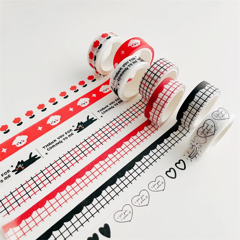 5M Ins Cartoon Cute Dog Decorative Tape Red Black Wave Grid Diy Scene Adhesive Washi Sticker Scrapbooking Diary Stationery |