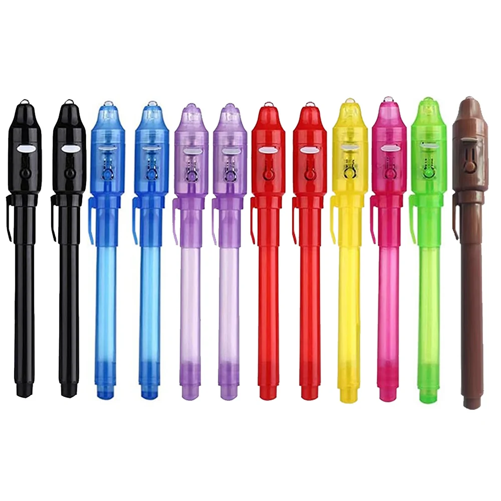 

12 шт., шпионская ручка с невидимыми чернилами и УФ-светом, волшебный маркер для секретного сообщения, коробка сокровищ, призы, детские сувениры для вечеринок, игрушки, подарок