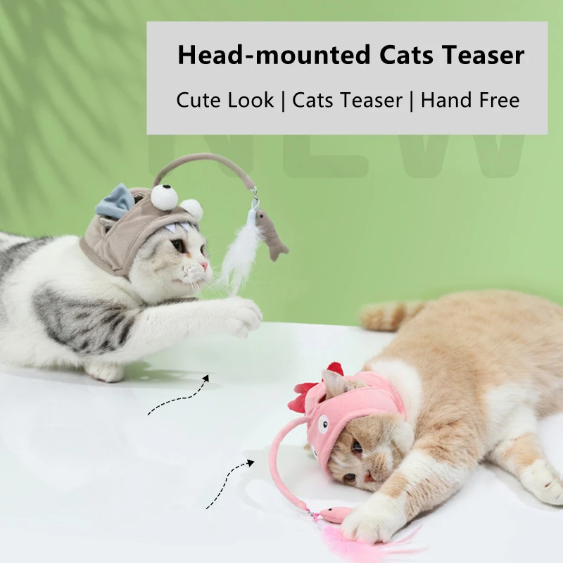 

Kitten Fishing Head Wearing Cats Stick Cats Cute Head-Mounted Teaser Stick Free Hand Cats Interactive Toy Pet Supplies Cats Toy