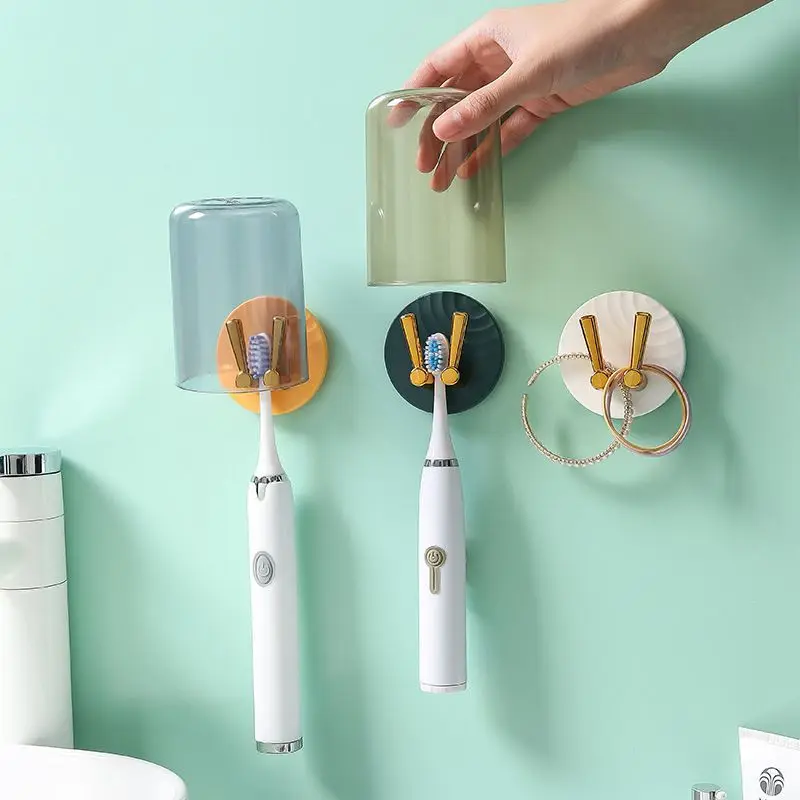 

2pcs Punch-Free Light Luxury Toothbrush Holder Cup Hook Multi-Functional Bathroom Door Back Traceless Hook Shelf Organizer