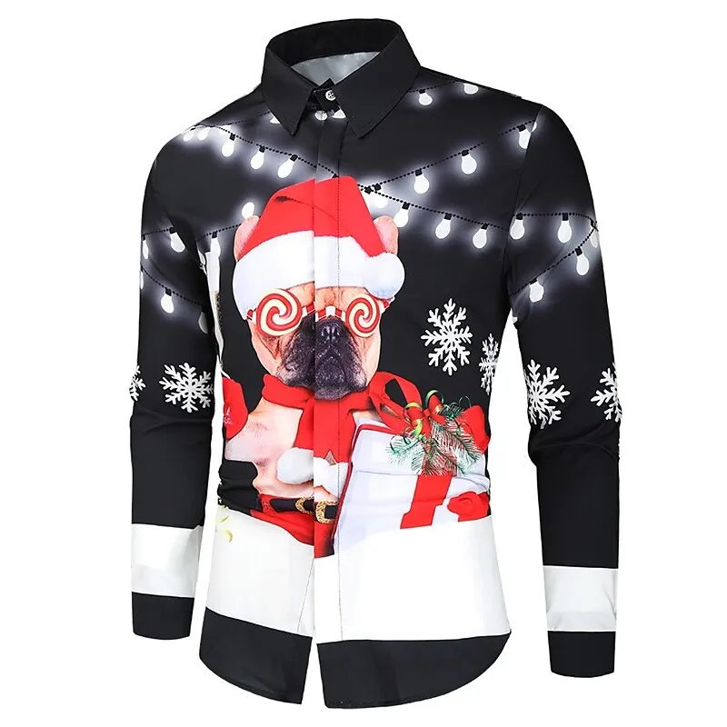 Funny Snowman Print Men Shirt New Year Party Style Cartoon Long-Sleeved Shirt Santa Claus Graphic T Shirts Fashion Cardigan Tops