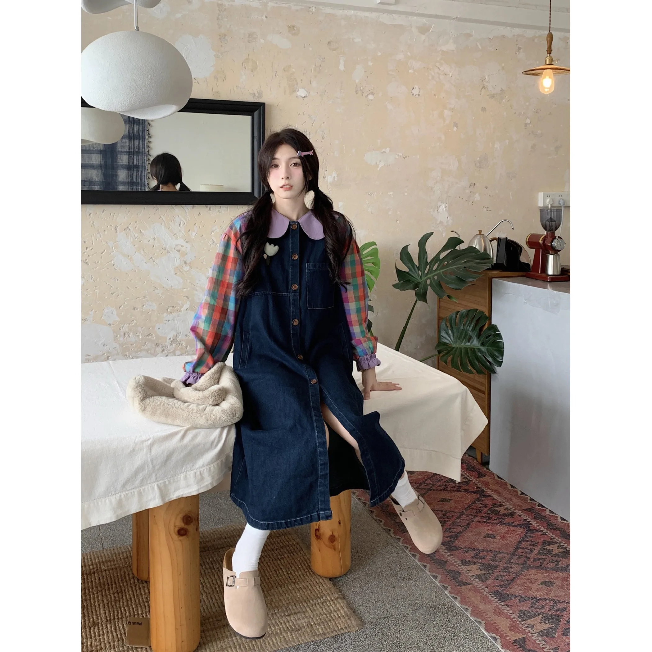 Корейская серия Ретро Контрастный цвет Кукольный воротник Радужные клетчатые