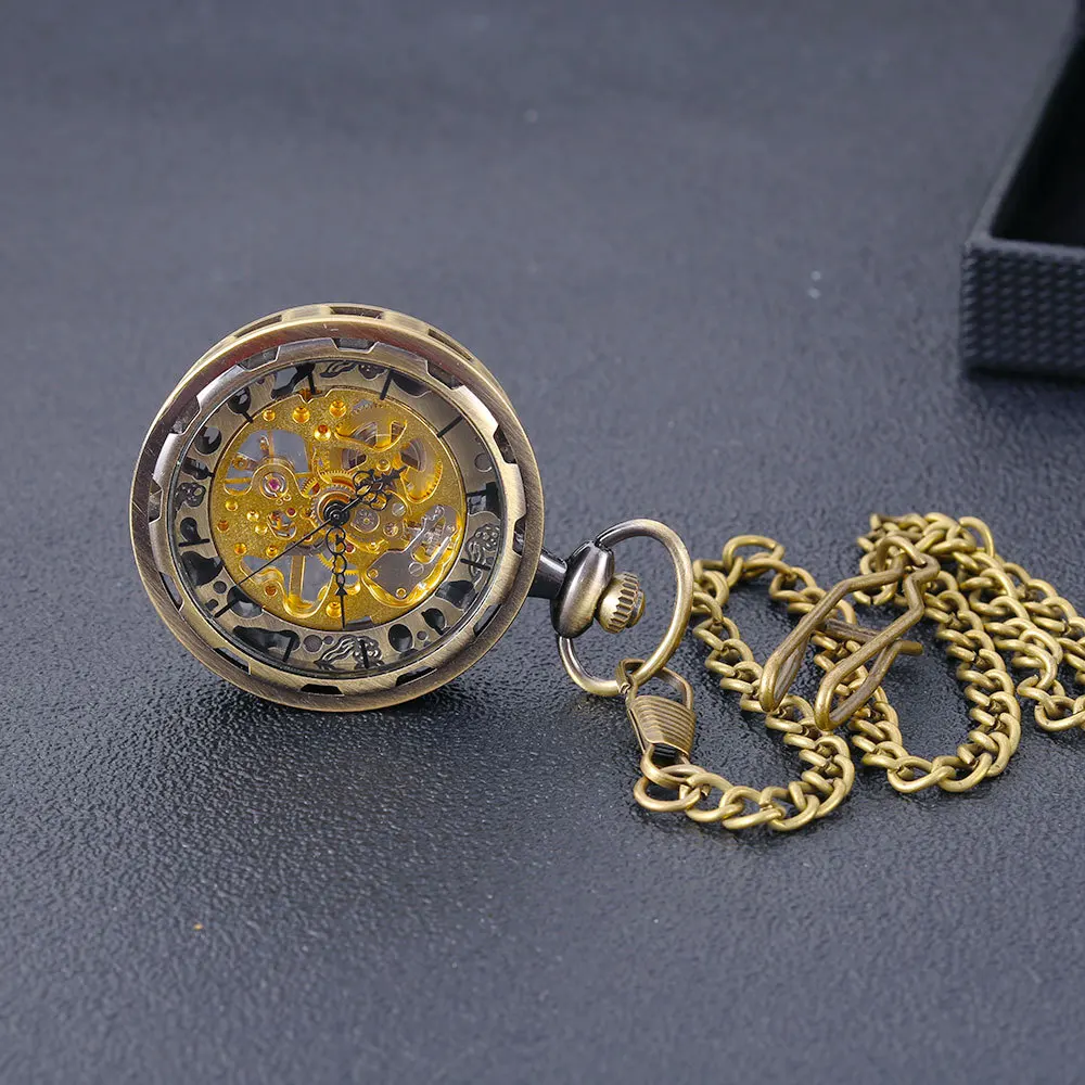 Luxury Golden Mechanical Pocket Watch for Men Ladies Transparent Hollow Dial Gold Round Case Fob Chain Pendant Clock for Man