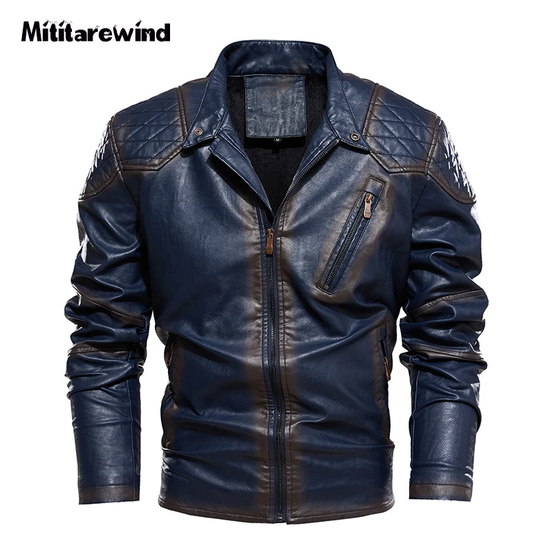 

Autumn Winter Retro PU Leather Jacket Men High Quality Fleece Warm Windbreaker Plaid Leather Coat Male EU Size S-3XL Outerwear