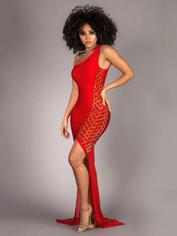 

Women Summer Sexy One Shoulder Red Mesh Maxi Long Mermaid Bodycon Bandage Dress 2022 Elegant Evening Cocktail Party Dress