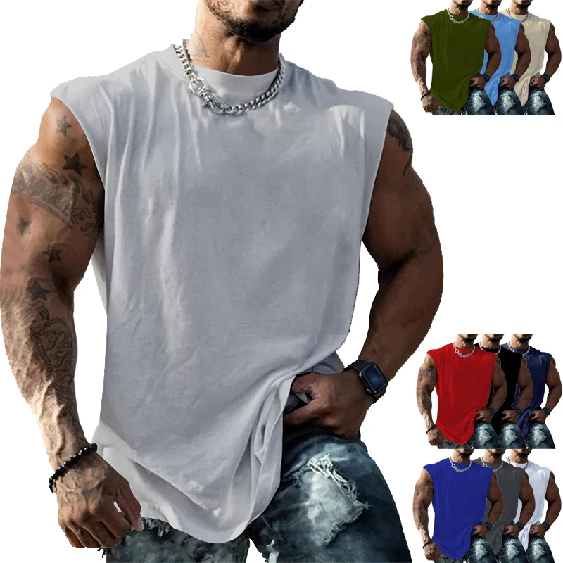 

American Heavy Cotton Sleeveless T-shirt Solid Color Bottoming Shirt Loose Trendy Vest Sports Fitness Vest Male