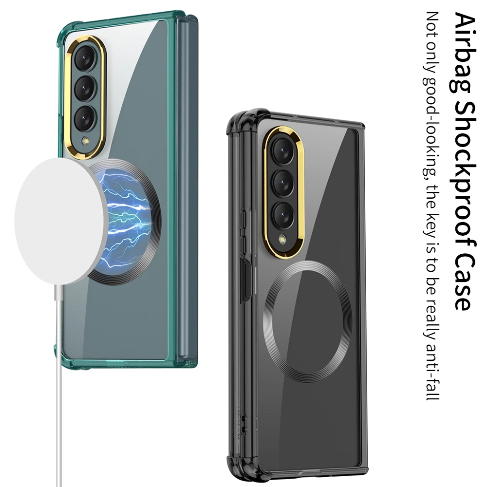 

Wireless charging magnetic case For Samsung Galaxy Z Fold 4 Case With Tempered Glass transparent Hard electroplate Magsafe cover