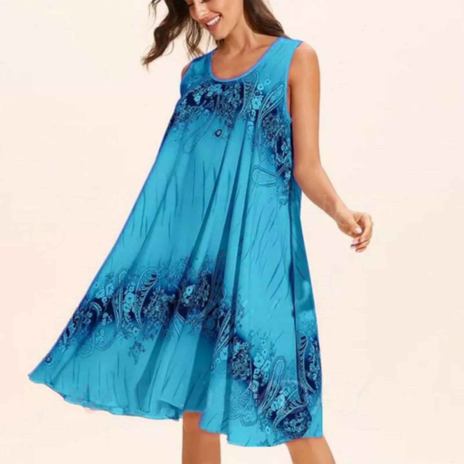 

Женское платье без рукавов, цветочное Повседневное платье средней длины, пляжный свободный сарафан, женские летние платья, женская одежда, ...