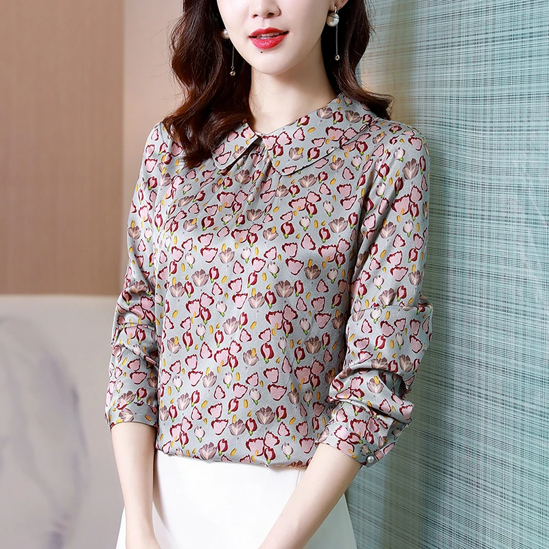 

Summer Clothing New Women's Blouse Lapel Shirt Long Sleeve Printed Satin Casual Fashion Lady Loose Splicing Top