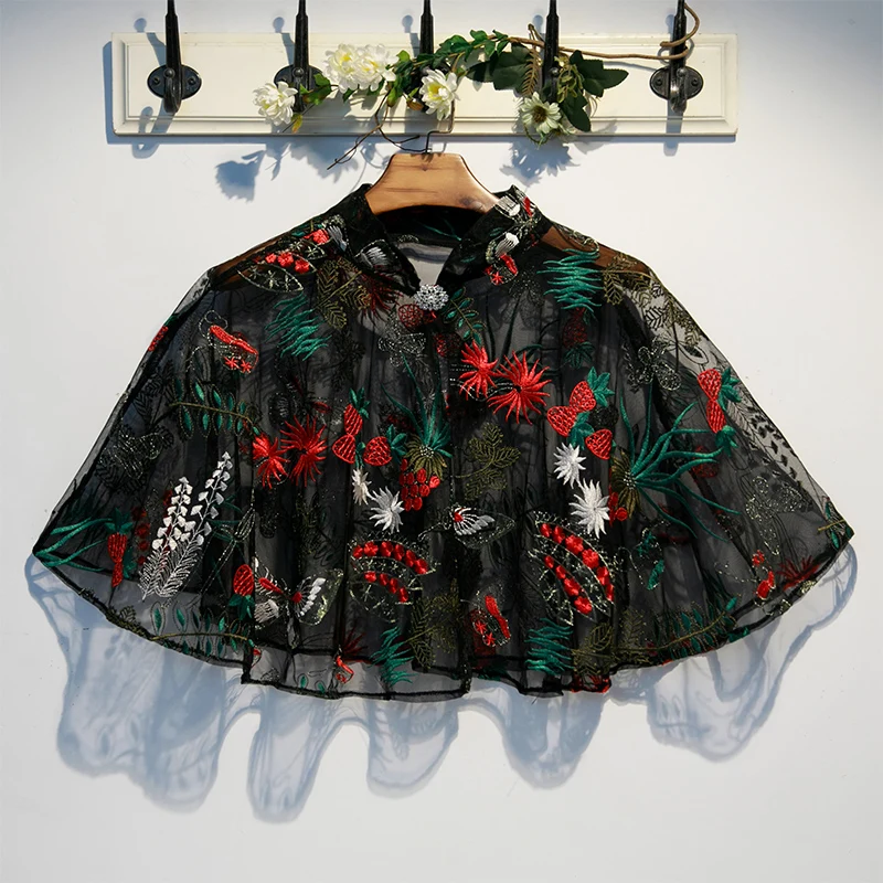 

Women's Spring Summer Flower Embroidery Vintage Mesh Black Lace Pashmina Female Summer Sunscreen Mesh Shawl Cloak R947