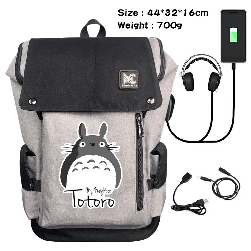 Cartoon Totoro My Neighbor Cat USB Backpack Bag Zipper Messenger School Student Book Daypack Large Capacity Travel Bag