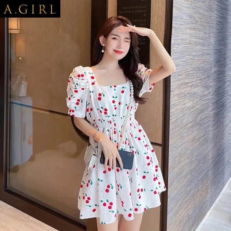 

Dress Women Mini A-line Square Collar Printed Sweet Ladies Sundress Puff Sleeve Folds Fashionable Clothing Holiday Party Simple