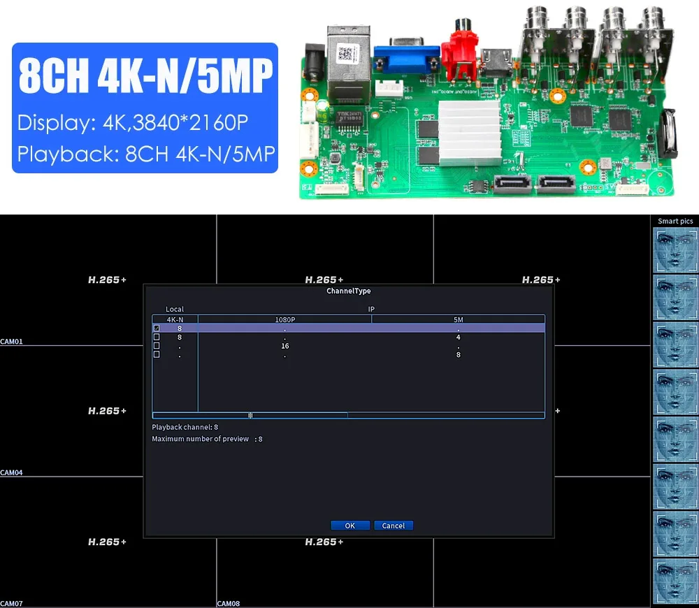 Фото H.265 16-канальный 4K DVR-рекордер с поддержкой 8MP/5MP, функциями распознавания лиц и объектов, Xmeye-Pro и ICSee. №3