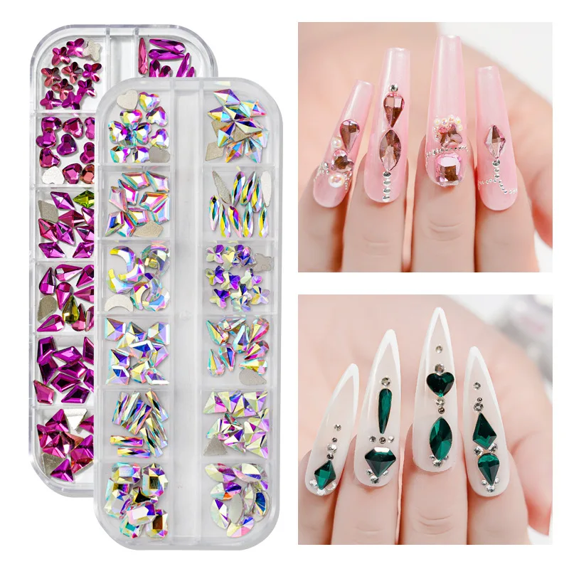 

New 1Box Crystal Nail Art Rhinestone Pink Silver Red All Color Flat Bottom Mixed Shape DIY Nail Art 3D Decoration In 12Cell Pot
