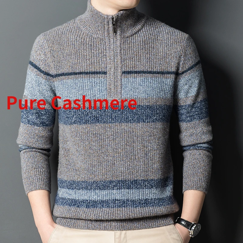 

New Arrival Fahsion Pure Cashmere Zipper High Neck Knitted Sweater Men's Stripe Color Contrast Thickening Size XS S M L XL2XL3XL