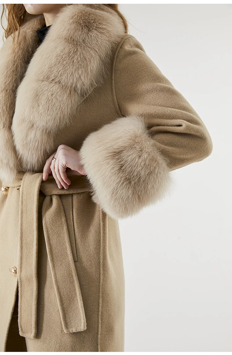 2022 X-long Real Fur Coat Belt Winter Jacket Cashmere Wool Blends Women Natural Fox Fur Collar Streetwear Outerwear