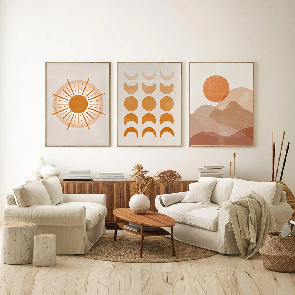 

Abstract Sun Mountain Poster Moon Phase Art Print Mid Century Canvas Painting Aesthetic Wall Picture Living Room Boho Home Decor