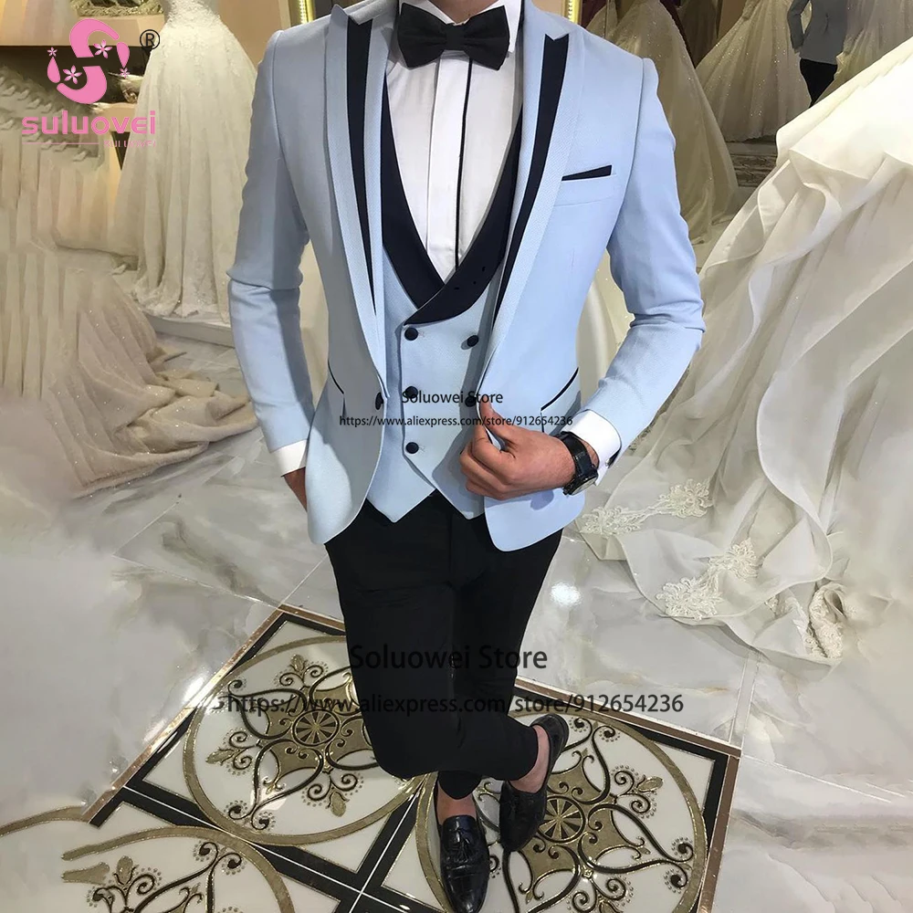 

Fashion Light Blue Wedding Suits For Men Slim Fit 3 Piece Jacket Vest Pants Set Formal Grooms Peaked Lapel Tuxedos Costume Homme