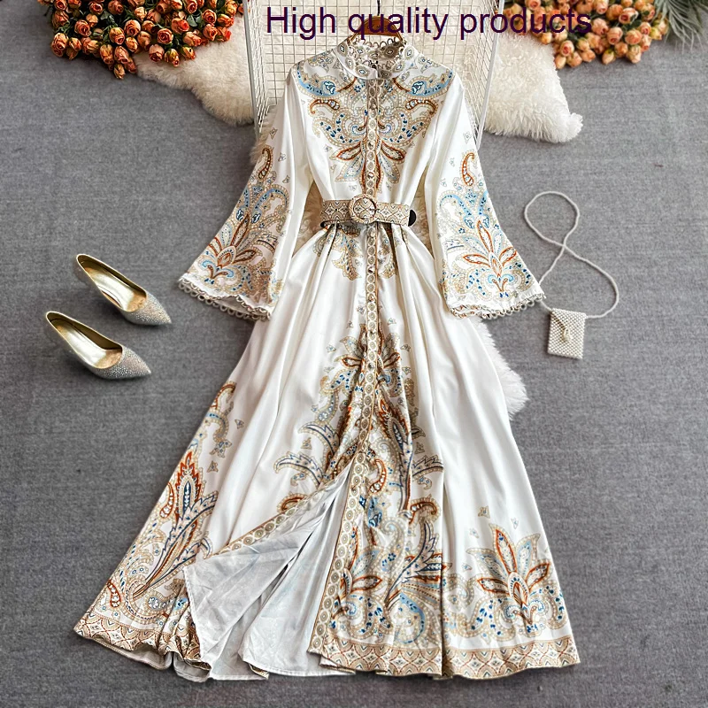 

Summer 2023 New Chic And Elegant Woman Dress Retro Print Temperament Stand Collar Collect Waist Belt Vintage Women'S Dresse Z297