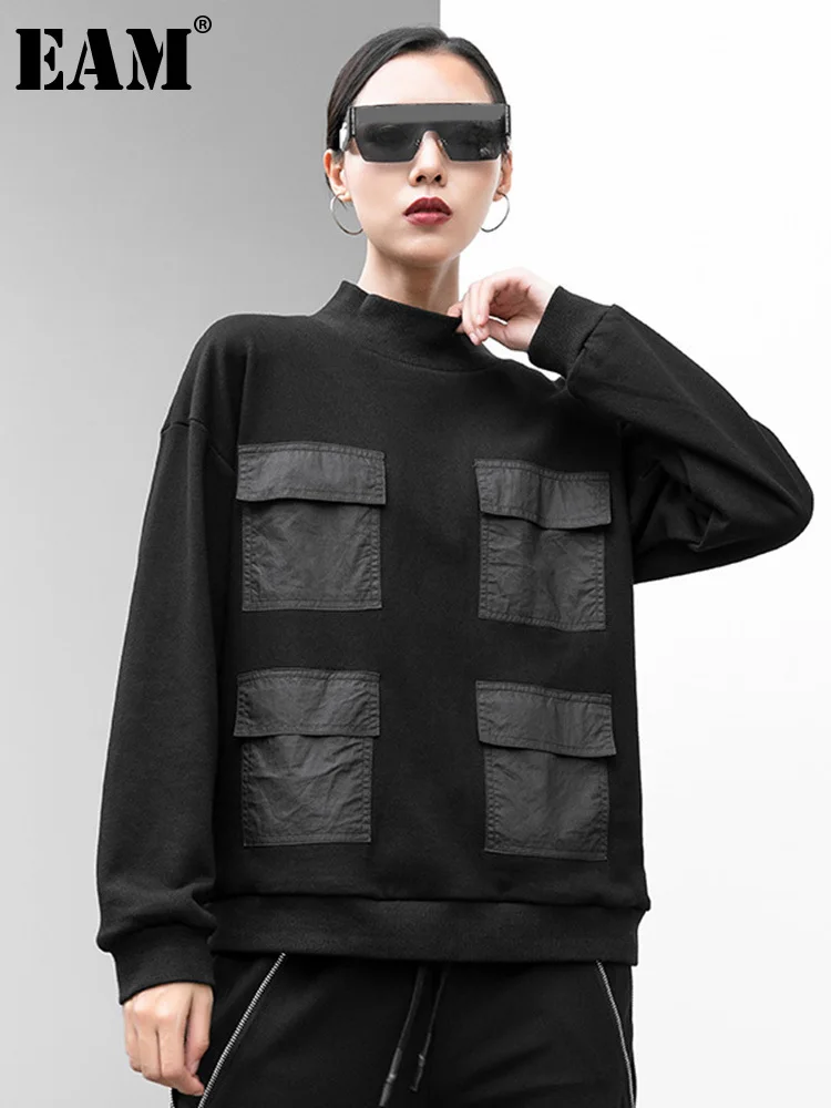 

[EAM] Women Black Pockets Color-block Big Size Casual T-shirt New Turtleneck Long Sleeve Fashion Tide Spring Autumn 2023 1DF4674