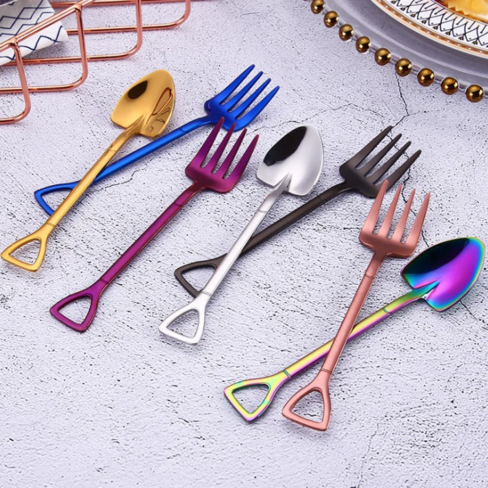 

Creative Stainless Steel Shovel Shaped Spoon Fork Colorful Rose Gold Tableware Long Handle Coffee Spoon Teaspoon Stirring Spoon