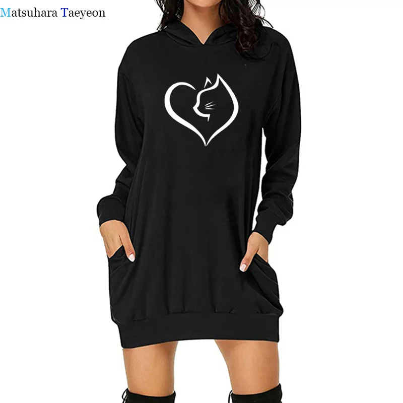 

Women T Shirt Cute Cat Heart Hooded Tops Love Print Womens Graphic Shirt Female Casual Long Sleeve Pockets Tee T-Shirt