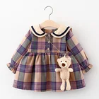 Осенний комплект из 2 предметов Hibobi, клетчатое платье с подвеской в виде мишки, платья принцессы для маленьких девочек с длинным рукавом