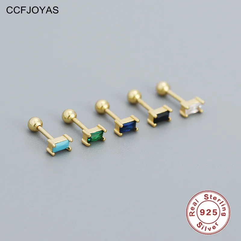 

CCFJOYAS Mini Cute White/Black/Green/Turquoise color Rectangle Zircon Screw Earrings 100% 925 Sterling Silver Piercing Earrings