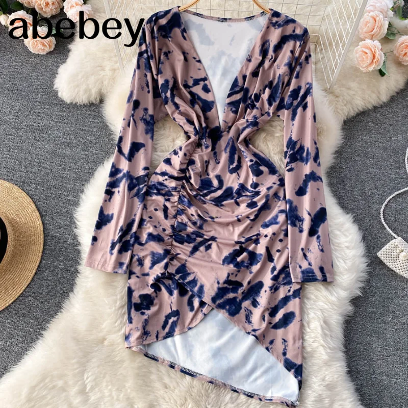 

Модное платье с асимметричным принтом, женские Сексуальные облегающие платья с глубоким V-образным вырезом и длинным рукавом, весна, новинк...