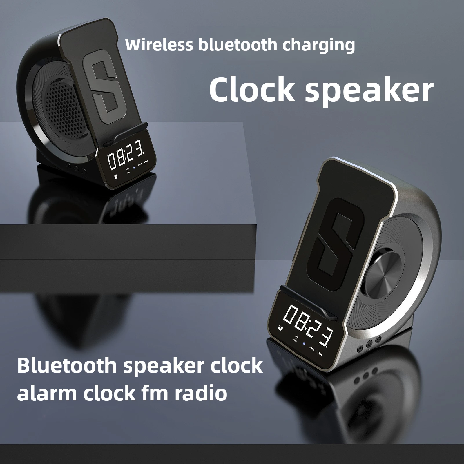 Фото Креативное беспроводное зарядное устройство, Bluetooth-динамик, будильник, дисплей, радиозарядная станция с держателем для телефона №3