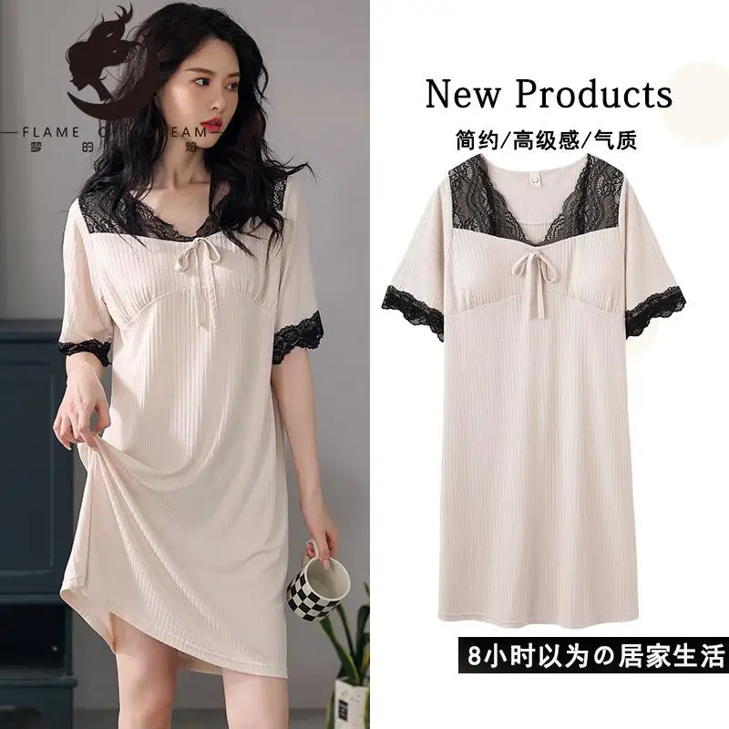 Flame Of Dream Nightgown With Breast  Short Sleeve Summer Female  Sweet Dress Home Clothes 22900