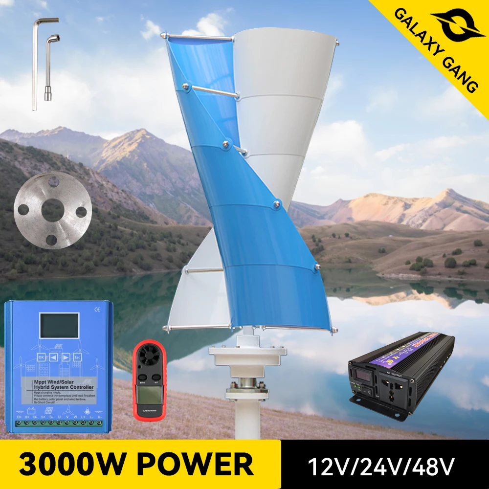 

3000w Wind Generator Turbine 12v 24v 2blades Vertical Spiral Windmills Off Grid System For Home Use With Mppt Hybrid Controller